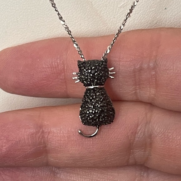 Black diamond solid sterling silver cat pendant & chain - Picture 8 of 8